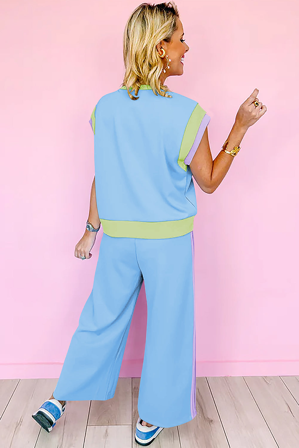 Sky Blue Color Block Detail Casual Two-piece Outfit