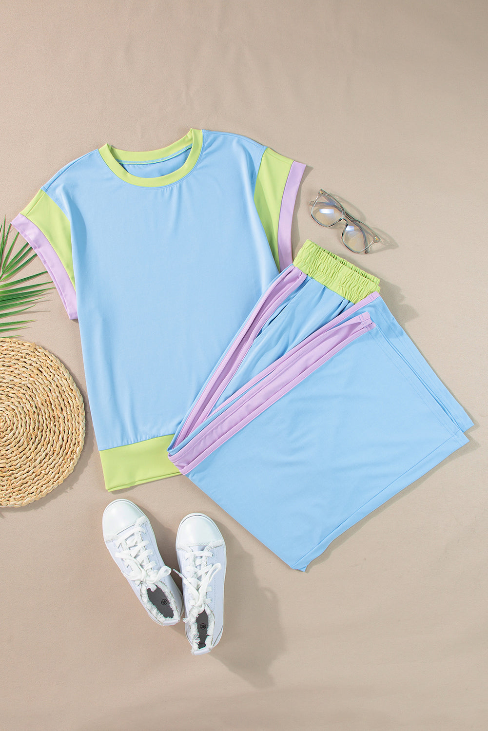 Sky Blue Color Block Detail Casual Two-piece Outfit